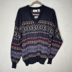 VTG 80/90s Sears Abstract Striped Ribbed Pull Over V-Neck Sweater Men Size Large